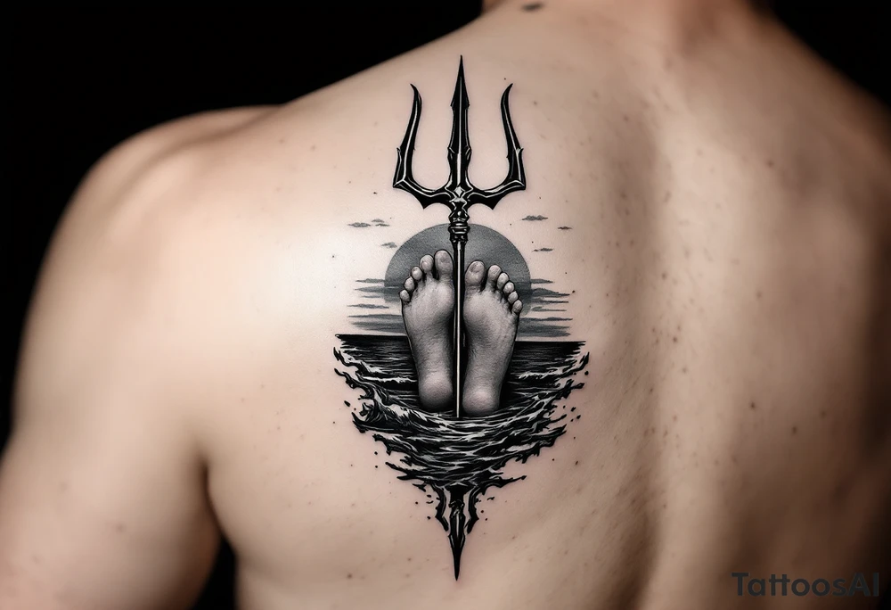 barefeet behind trident with water and sunset tattoo idea