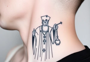 Russian orthodox priest in a detailed vestment swinging censer chains tattoo idea