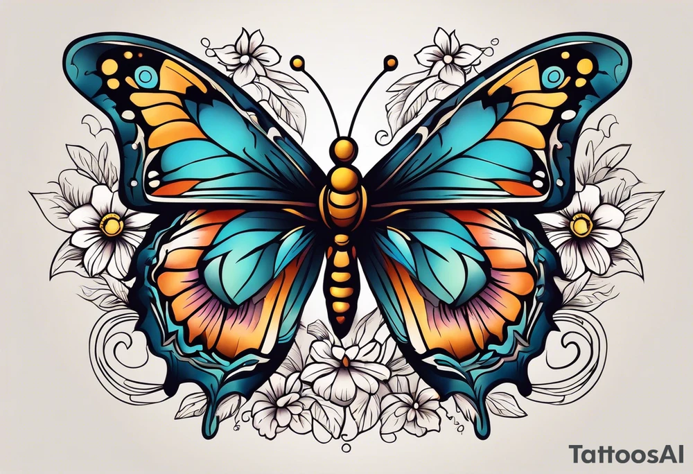 butterfly 
with flowers around it vintage old school traditional tattoo idea