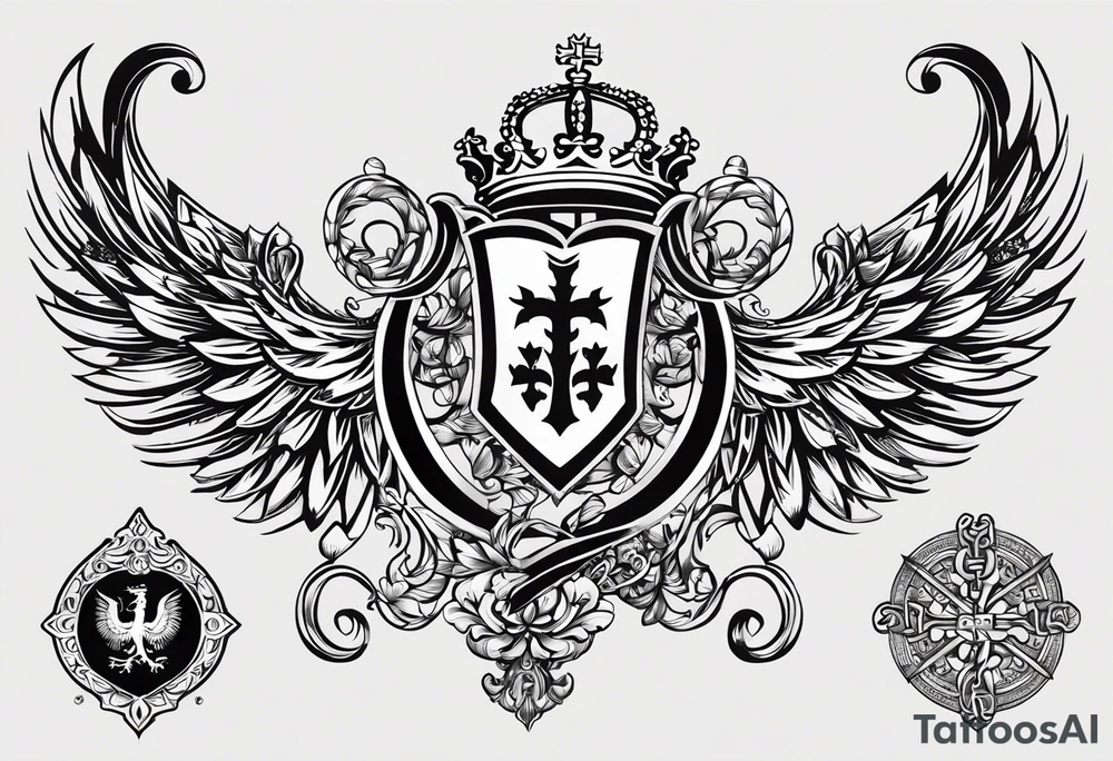 Merge the heraldic elements of england, northern ireland, ireland, scotland, wales, germany, croatia, serbia, slovakia, slovenia, and czech republic intertwined in a harmonious and elegant manner. The design should be symmetrical and suitable for a shoulder placement. tattoo idea