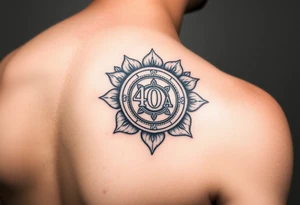 Shoulder tattoo that has a 40 year AA coin medallion with lotus flowers surrounding it tattoo idea