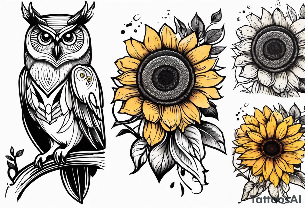 Owl and sunflower sleeve tattoo idea