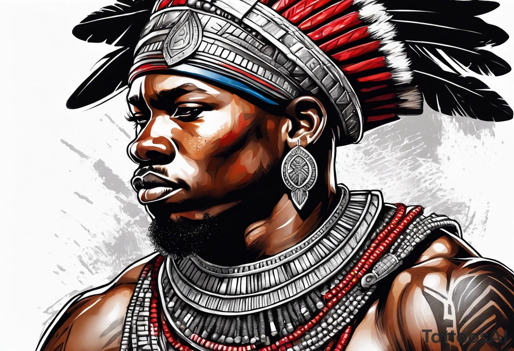 african warrior with a small silver crown and a red necklace tattoo idea