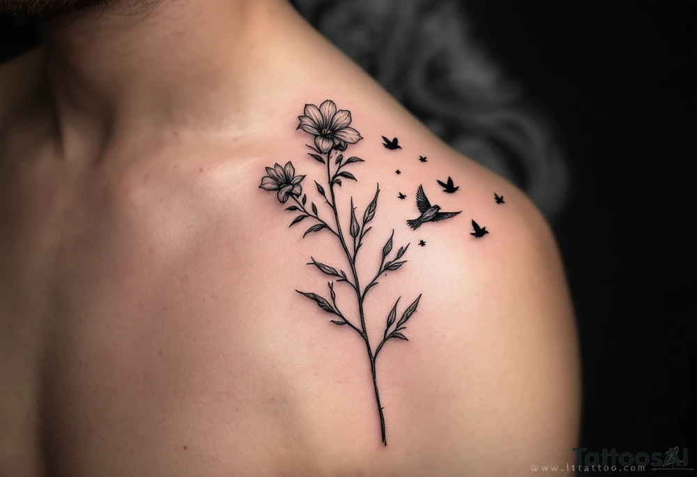 A wood violet blowing in the wind with pedals floating away turning into birds tattoo idea
