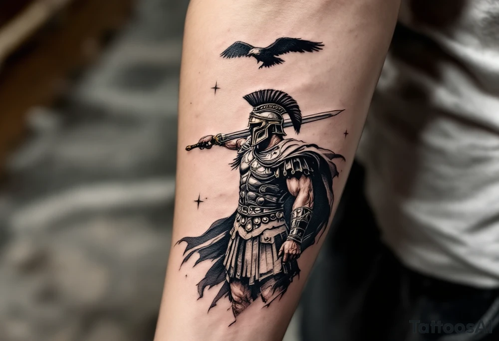 gladiator roman soldier standing colosseum interior combat sword helmet cape sand wind eagle legion trace tattoo idea