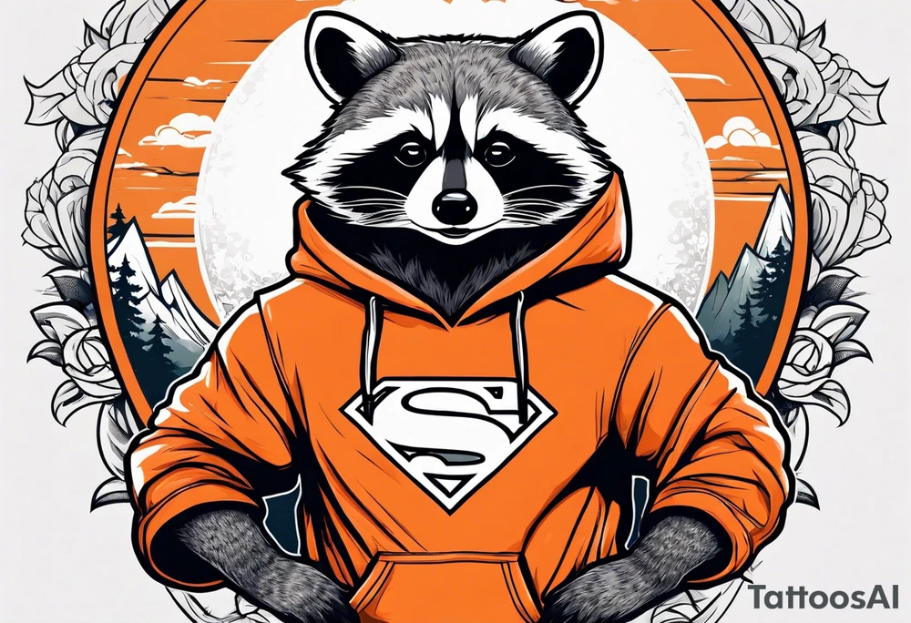 Raccoon wearing an orange Superman hoodie tattoo idea
