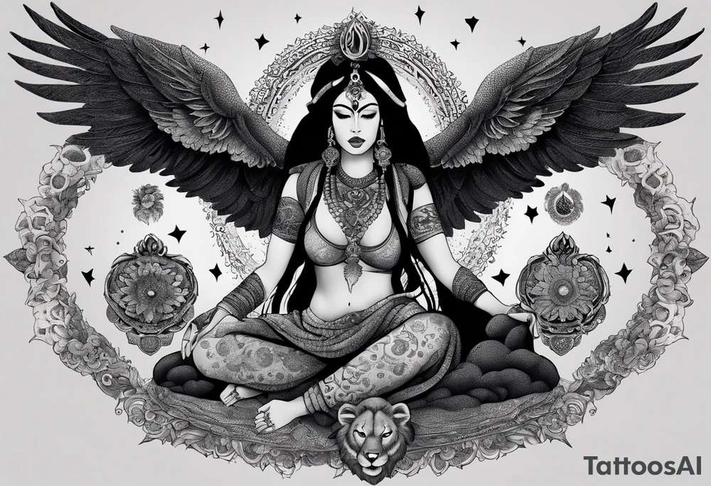 black kali, goddess pirate, alien, angel, pachamama, valkrye, warrior, flying, skull, lotus azul, wing, eagle, zenza resonance, stars, 5D, anahata chakra, death, durga, riding on a tiger, flying lady, kundalini, chest tatoo, samuri, rebel,s erpent tattoo idea
