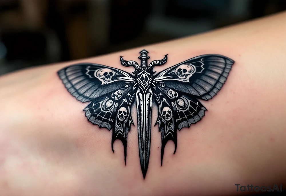 Dagger and Moth – A mystical dagger surrounded by a detailed black and gray moth, its wings featuring soft white highlights and subtle patterns resembling skulls. The dagger is dark silver with antique-style carvings. tattoo idea