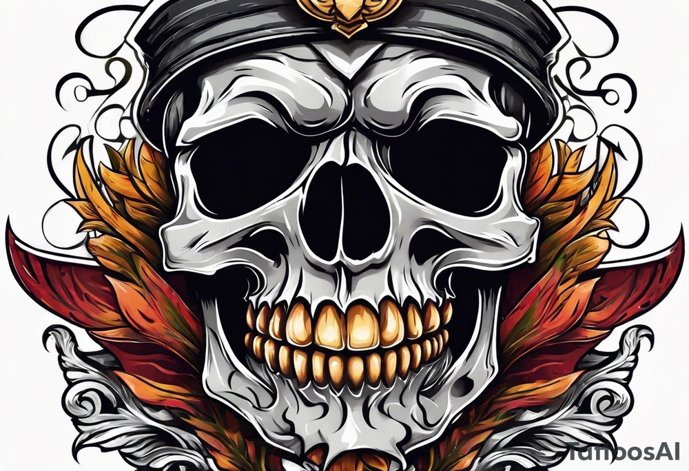 Skull with hair, smiling and having an axe in his hand. tattoo idea