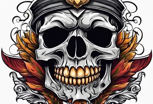 Skull with hair, smiling and having an axe in his hand. tattoo idea