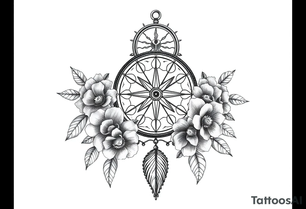 Boho dream catcher with compass and anchor Beautiful flowers and an ornamental chandelier like look tattoo idea