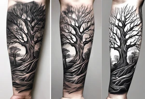 Dead tree arm sleeve tattoo idea
