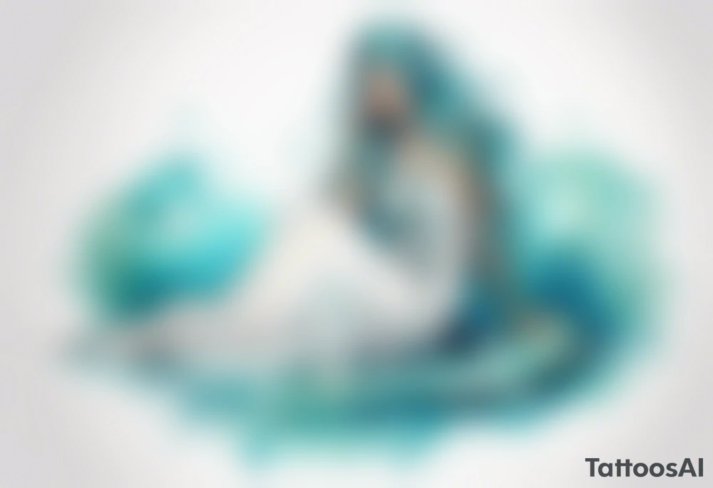 A beautiful undine with turquois scales wearing a white robe, laying on the shore tattoo idea