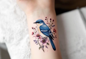 Puffy bluebird surrounded by wild flowers tattoo idea