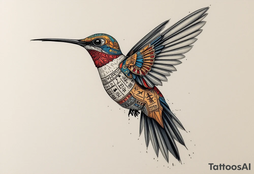 A hummingbird made of sand and hieroglyphs(only red, blue and black are possible colors) tattoo idea