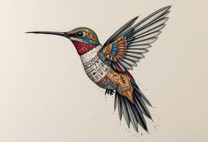 A hummingbird made of sand and hieroglyphs(only red, blue and black are possible colors) tattoo idea