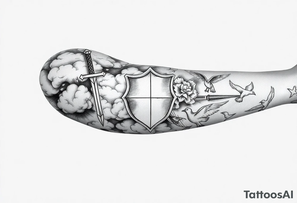 clouds, sword, shield, cross, birds tattoo idea