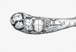 clouds, sword, shield, cross, birds tattoo idea