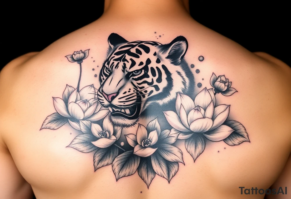 fierce tiger emerging through blooming lotus flowers in mist tattoo idea