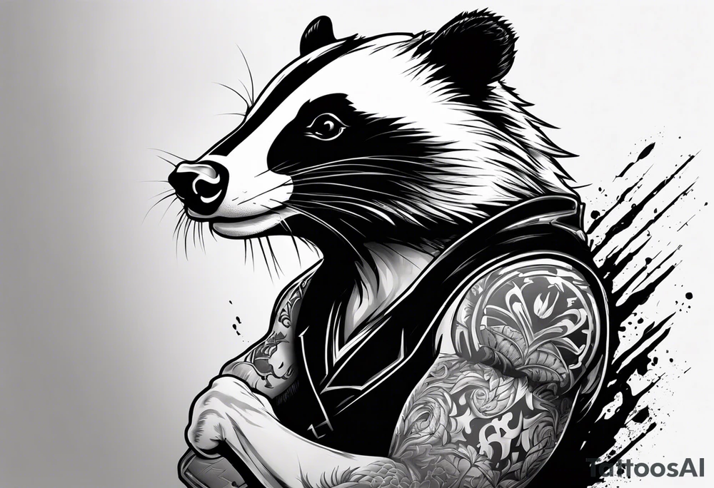 Draw me hunting badger with aggressive full body, killer face with a smile, very long nails and he attacks like a bloody gladiator to enemy and also, he has very deadly looking. The only weapon is his braveness he fights with his nails. Everybody scares after their first sight. And horror type Badger this is. tattoo idea