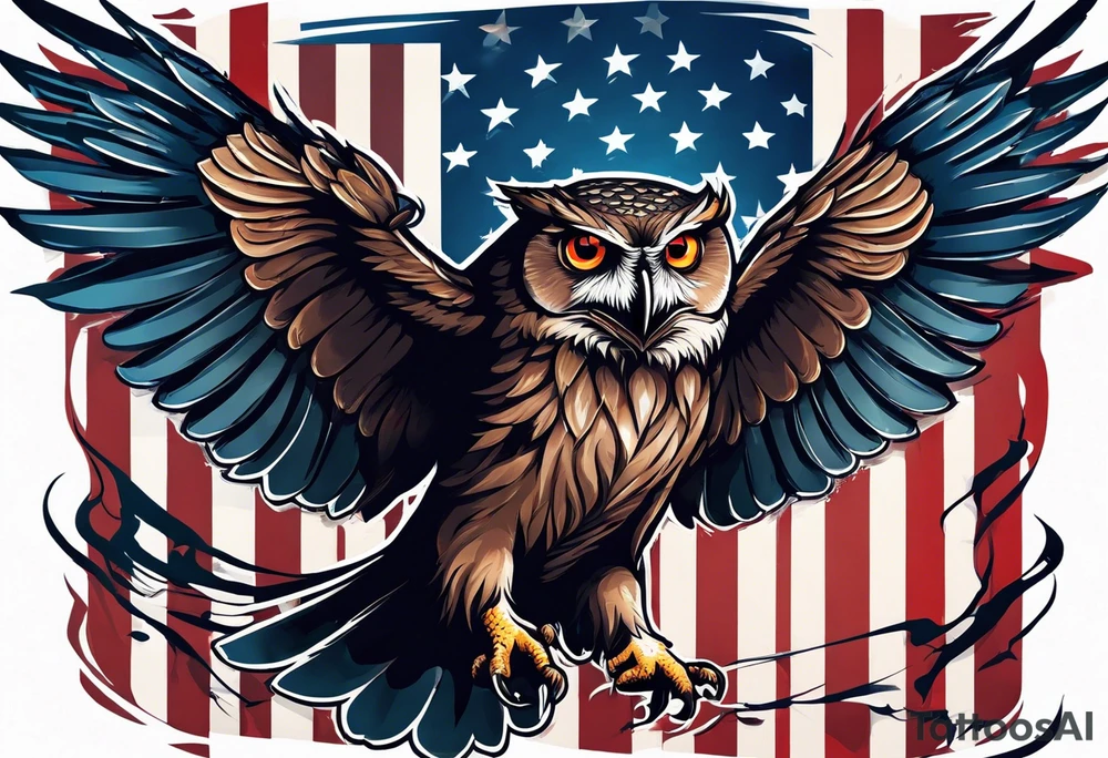 angry owl swooping down with talons holding an american flag tattoo idea