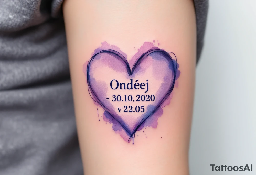Watercolor heart in soft purple wrapping around "Ondřej – 30.10.2020 v 22:05" in type font. tattoo idea