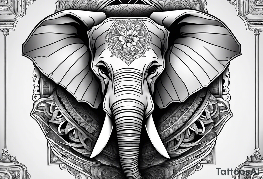 Skull with elephant, whale, rhino tattoo idea