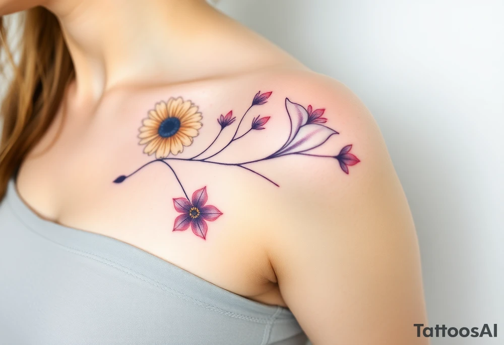 This tattoo is on a woman. It is a line of flowers connected by a single stem. It starts on her left side of the chest with a Glaiolus and Daisy together, then the tatoo rises over the left shoulder and down the arm and ends at the elbow. The tattoo will include a primrose, Calla Lily, and a Lilly. It will be light on color except in the petals and has light shading to make it pop. tattoo idea