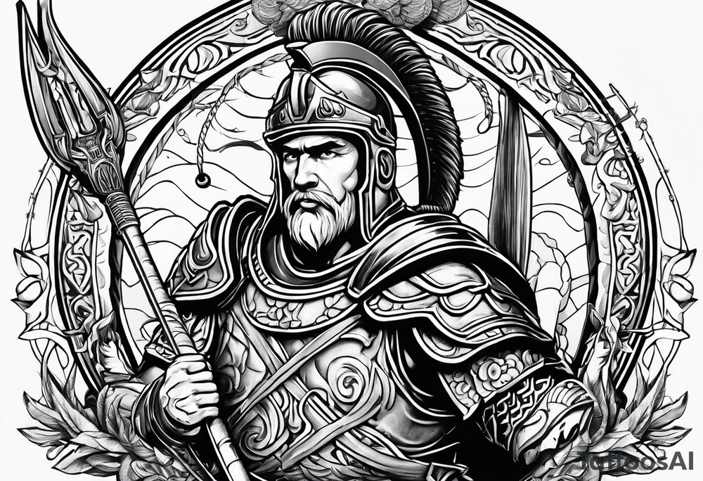 Roman soldier, ram's horns, fishing rod, floorball ball tattoo idea