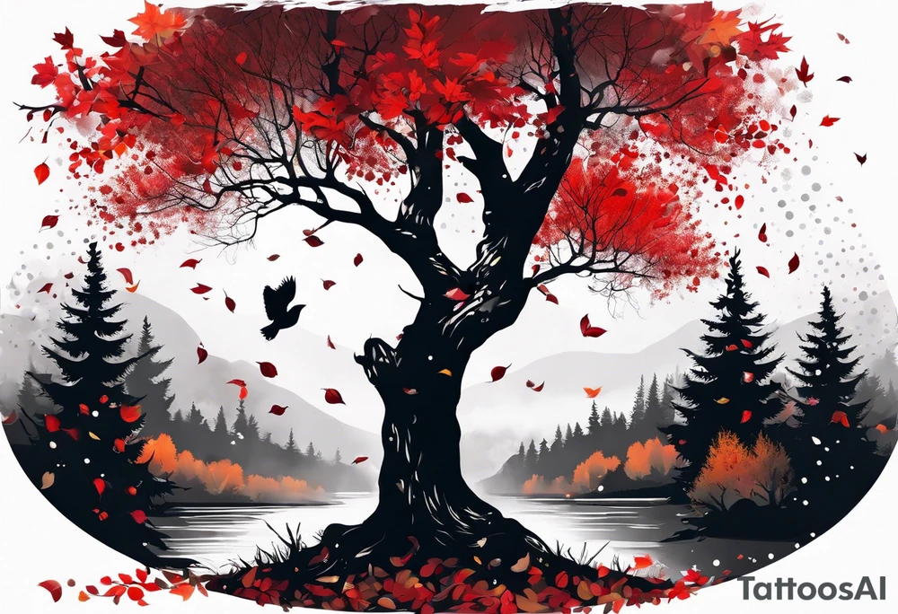 trash polka style. Arm tattoo. chest tattoo. Long tattoo. large tattoo. Full sleeve. Shoulder. A single large maple tree with red autumn leaves that branches upwards from wrist to shoulder. White-throated dipper bird on the trees branches. Calluna flowers at the base of the trees stem. Tree stem has dark colors. Red/yellow sunset behind the trees stem. Leaves falling. tattoo idea