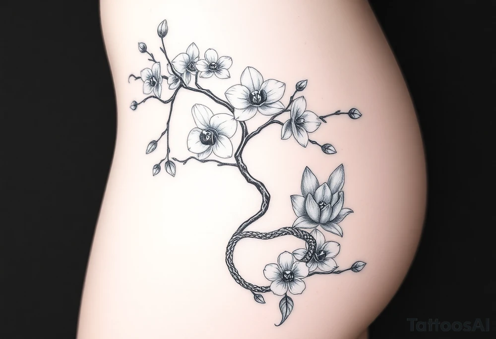Orchid or cherry blossom tree and lotus and snake and angels on a woman tattoo idea