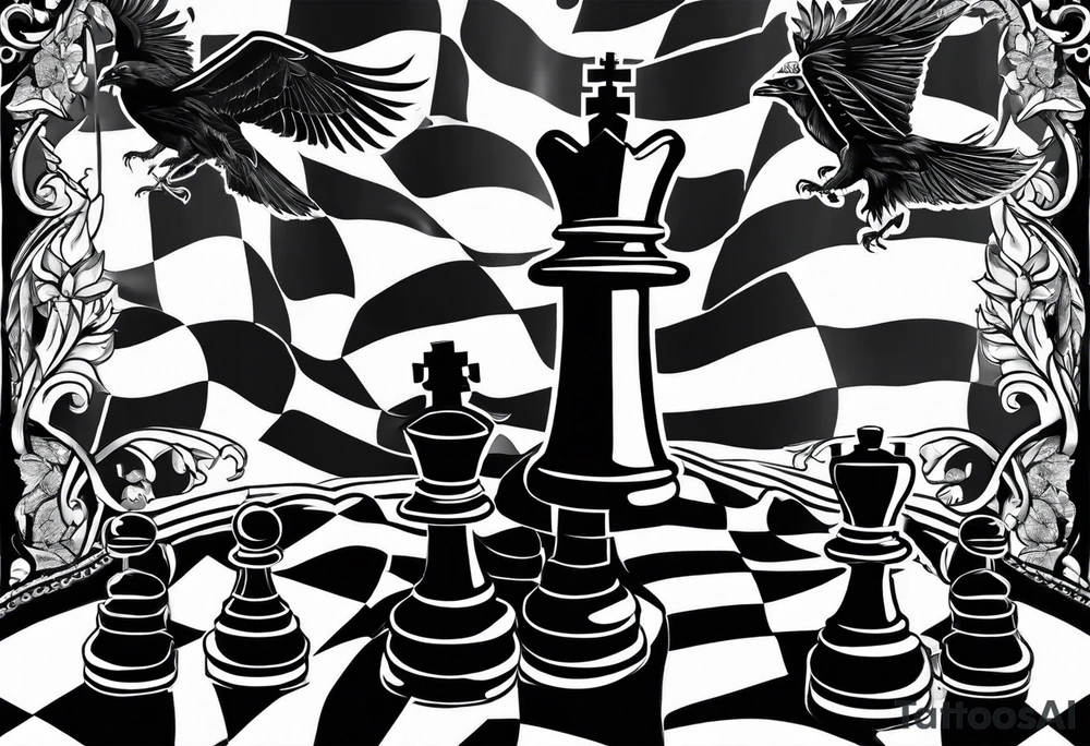chessboard with king and queen piece, background in a mountain and ravens. tattoo idea