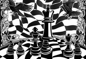 chessboard with king and queen piece, background in a mountain and ravens. tattoo idea