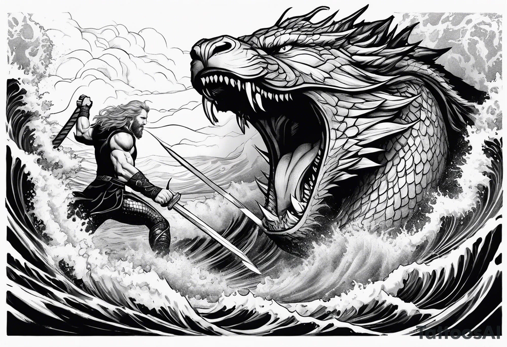 thor fighting jormungandr in the ocean during a hurricane tattoo idea