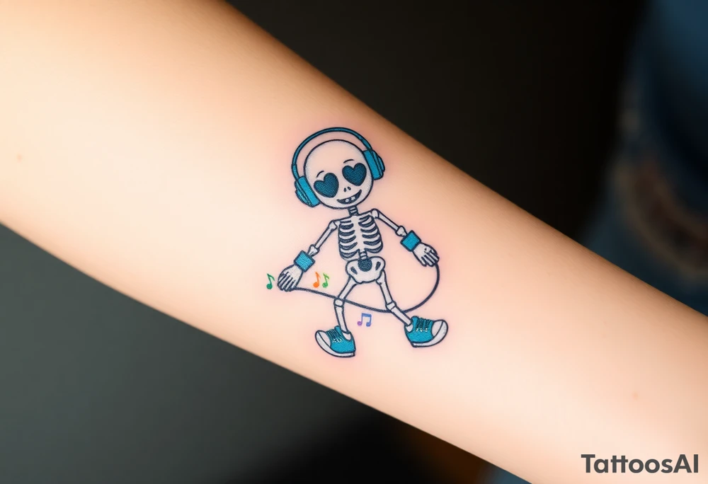 Cute smiley skeleton with heart shape eyes  jumping on a jump rope with both hands blue headphones blue armbands blue sneakers and colorful  music notes around his head tattoo idea