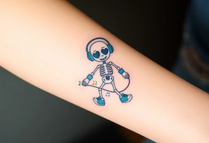 Cute smiley skeleton with heart shape eyes  jumping on a jump rope with both hands blue headphones blue armbands blue sneakers and colorful  music notes around his head tattoo idea