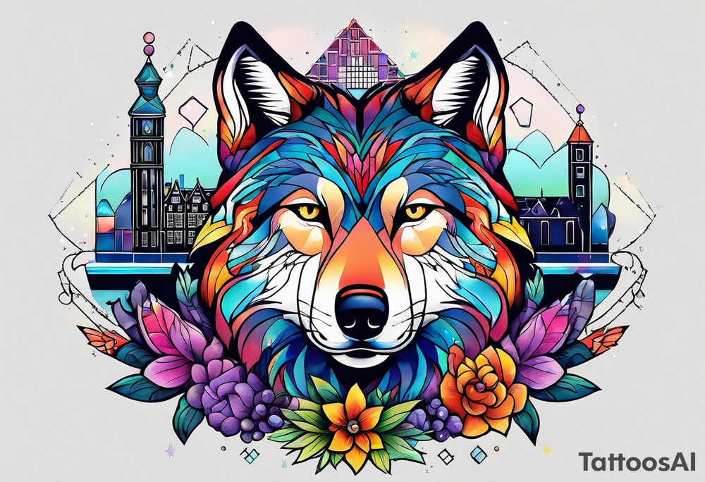 wolf featuring animals and featuring colours of the universe and galaxies and pineapples in amsterdam city featuring Amsterdam buildings and canal made of glass tattoo idea