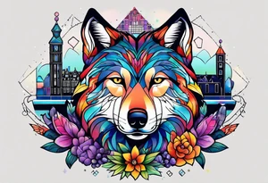 wolf featuring animals and featuring colours of the universe and galaxies and pineapples in amsterdam city featuring Amsterdam buildings and canal made of glass tattoo idea