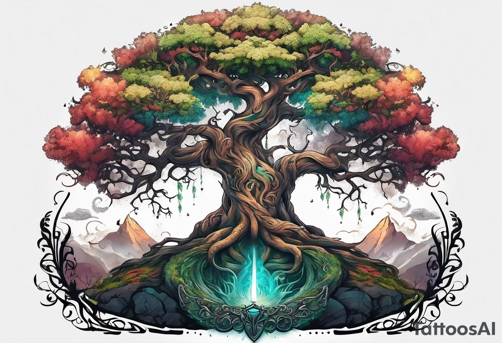 Yggdrasil with a long sword underneath tattoo idea