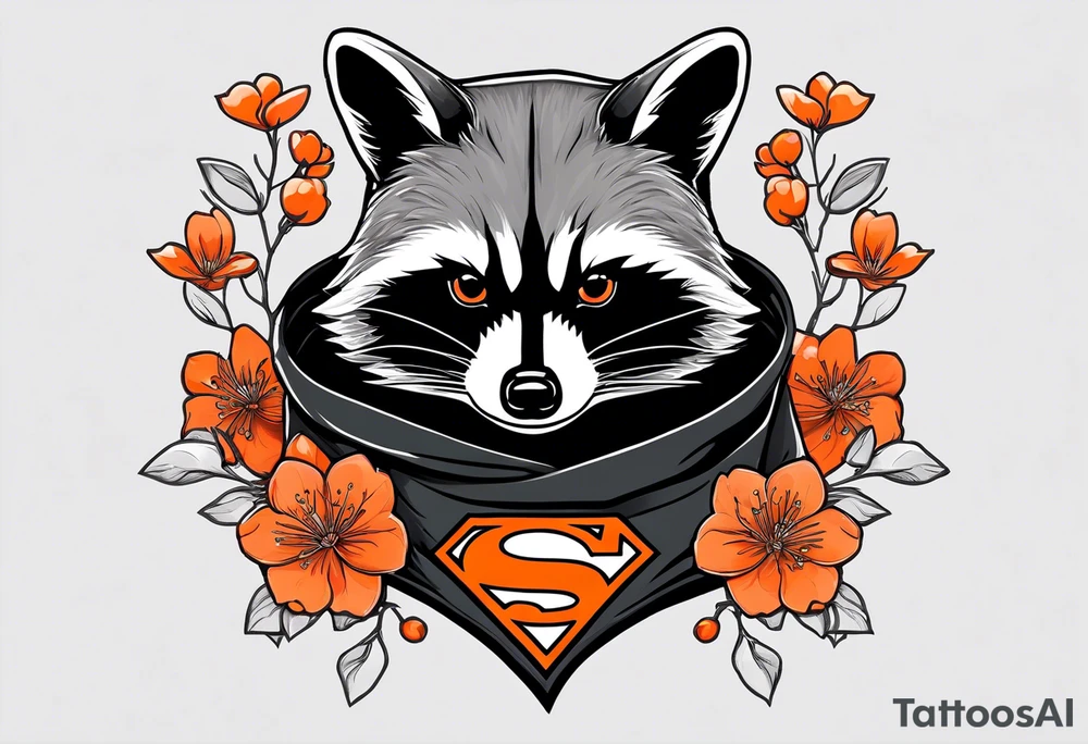 Raccoon wearing a white Superman logo on a black hoodie and orange Japanese cherry blossoms beside tattoo idea