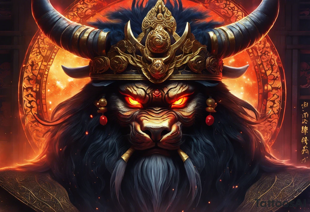 A majestic humanoid demon king with devilish features placed above torii gate is depicted in this realism image. The king's deep-set glowing galaxy-styled large eyes give off an aura of power and mystery. The king's head is acting as dreamcatcher and has braids styled like predator, with 2-3 ending with flame-styled feathers. The king's face is intricately dotted in narsimha/ rudra symbols. The head has a crown shaped blue and orangish flames with intricate and prominent koru maori symbols in the shape of trishul/ trident. The image is filled with vibrant colors, with deep blue, purple, and violet, with bright orange and yellow. This face bust (only face) is atop of a torii gate which is in a brush stroke style, somewhat visible. The king looks regal and powerful. tattoo idea