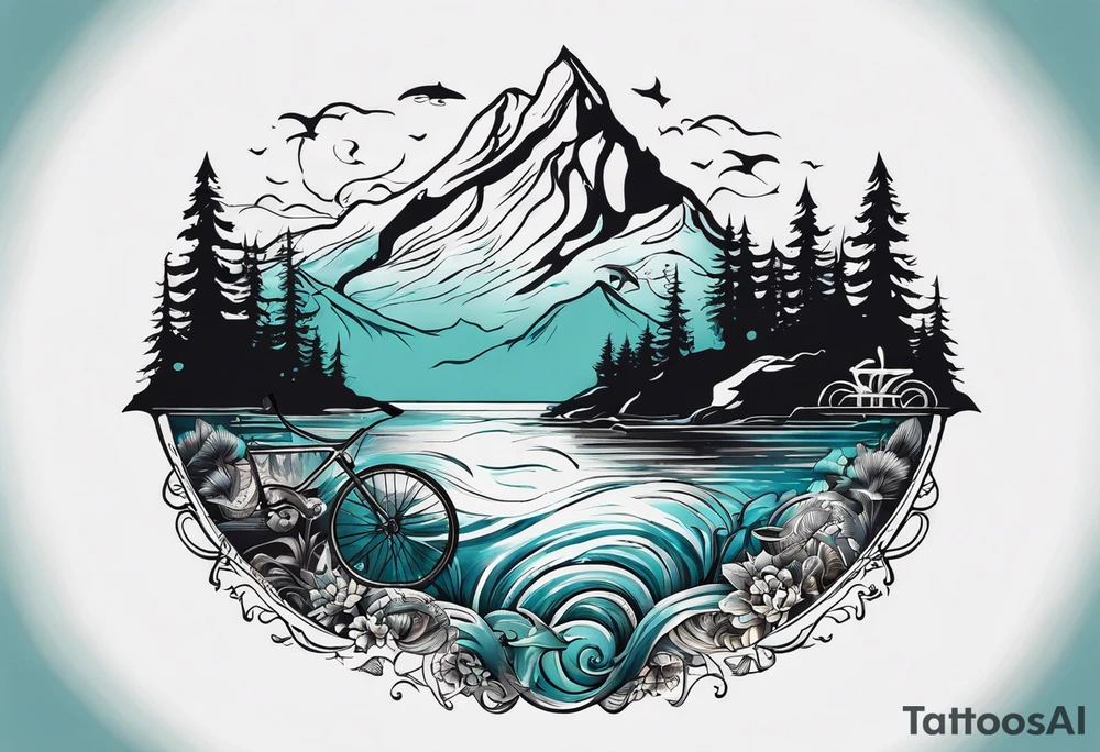 This is a tattoo that is split into 2 sections; a top half and a bottom half. The top half is a mountain in Norway with a mountain bike trail winding down the mountain. The bottom half of the tattoo depicts an underwater scene featuring water, and sea life. tattoo idea