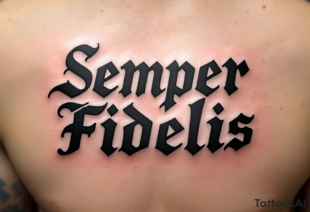 Semper Fidelis" (Always faithful) with bold military-style font, accompanied by a loyal hound or lion silhouette, tattooed in solid black with slate gray accents. tattoo idea