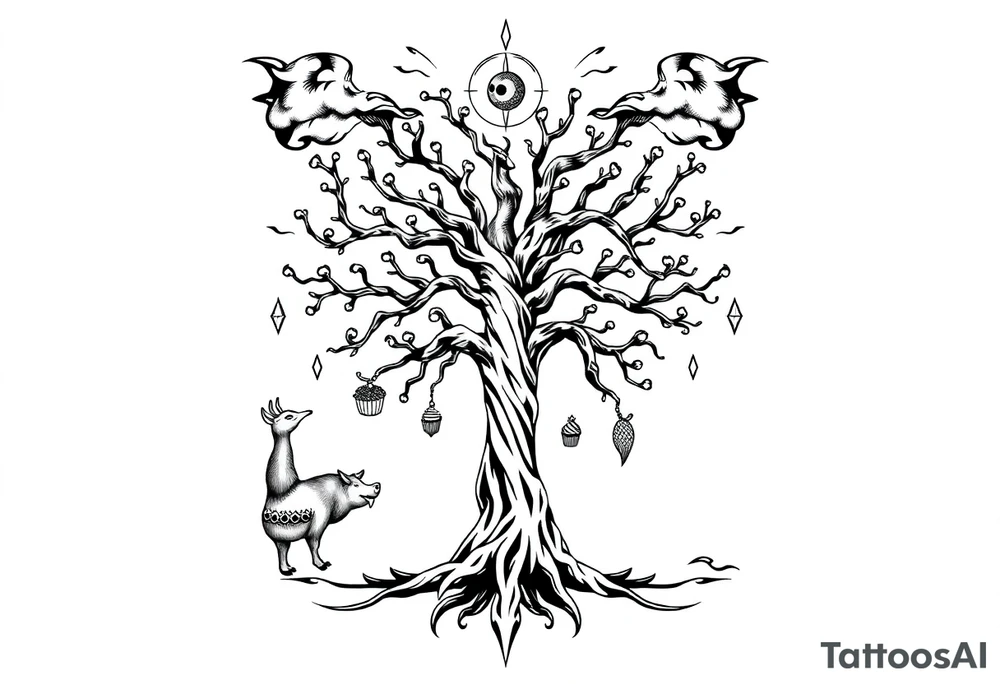 mystical tree of life with cosmic roots and celestial branches fat naked sexy woman , peacock , pig , cupcakes, liquor, cigerette, Storm clouds, pig, peacock , fat sexy naked fat woman, cupcakes, noose , money, goat lion, couple having sex, cigerette storm lightening, killing, darkness death, violent majestic creatures tattoo idea