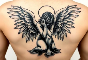 fallen angel Dante Mikha'el on her knees with great full wings, looking her darkened hand head down and her hair cover her half face tattoo idea