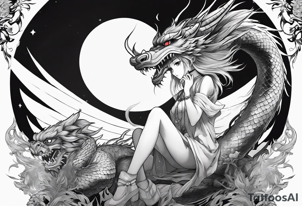 a full shot of an anime girl seen from far, sitting on a ball and surrounded by asian dragon with wings tattoo idea