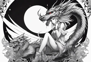 a full shot of an anime girl seen from far, sitting on a ball and surrounded by asian dragon with wings tattoo idea