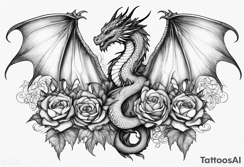 Mother dragon wings spread with 3 baby dragons tattoo idea