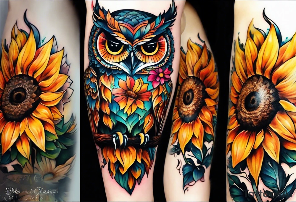 Leg sleeve with colorful sunflowers and an owl tattoo idea