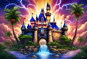 disney castle with a lightning storm palm trees and a mickey mouse tattoo idea